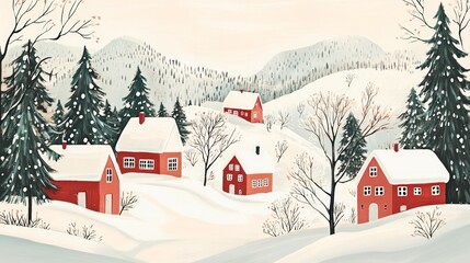 Fototapeta premium A cute lithograph of winter landscape with a white background, red houses in the snow