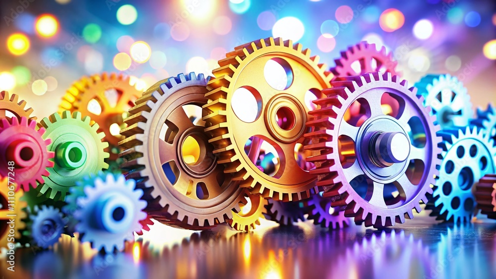 Poster creative gear designs with bokeh effect: a collection of gears and border graphics on a bright white