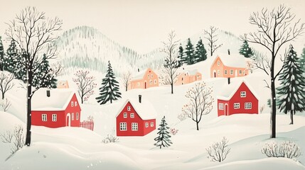 Fototapeta premium A cute lithograph of winter landscape with a white background, red houses in the snow