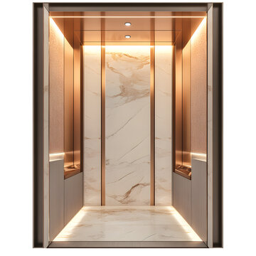 Luxurious marble walls, soft lighting, and polished metal finish in an empty elevator cabin against a transparent background