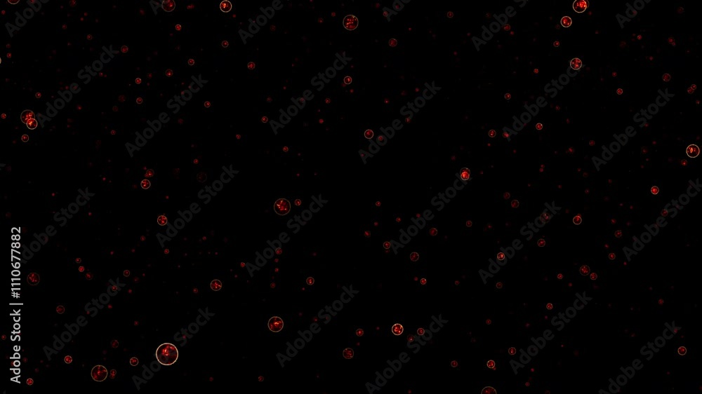 Poster abstract loop animation glow red energy balls particles flowing on black background. 4k 3d chaotic m
