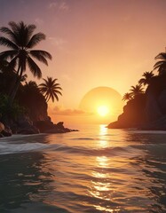 Bright orange sun setting over the horizon in a tropical seascape, tropical, nature, orange sun