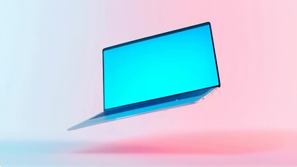 Modern laptop in floating position with gradient pink and blue light for tech or product promotional videos