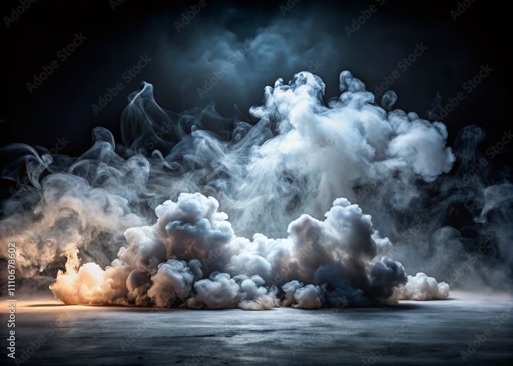 Poster dark background enveloped in dense white smoke creating a mysterious atmosphere for dramatic visuals