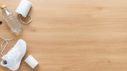 Fototapeta premium Flat Lay of Fitness Essentials on Wooden Surface for an Inspired Workout