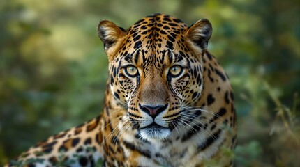Leopard's eyes in focus, while its body is blurred and set against a natural background, closeup, eyes