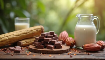 Chocolate pieces with milk and bread, indulgent treats