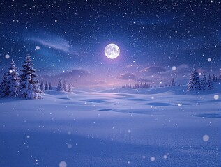 Naklejka premium Snowflakes fall slowly and steadily onto the snowy ground, creating a vast expanse of white that stretches out to infinity under the starry night sky , frozen world, snowfall landscape