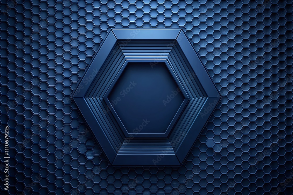 Poster dark navy blue hexagonal textured background with radial center space for modern tech and digital de