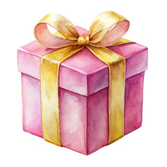 Obraz premium Watercolor illustration of pink gift box with golden ribbon isolated on transparent background