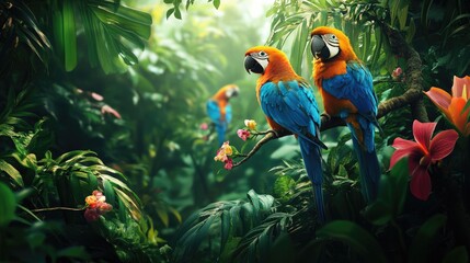 Colorful tropical birds perched on branches in a dense rainforest, surrounded by lush greenery and exotic flowers.