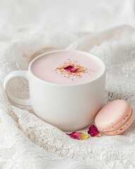 Rose Latte in a White Ceramic Cup, Topped with Dried Rose Petals, Accompanied by a Macaron, Set on a Lace Blanket, Boho Picnic Aesthetic