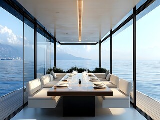 Private yacht dining area with minimalist design, modern furniture, and large windows showcasing stunning ocean views.