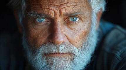 A wise and thoughtful elderly man with captivating blue eyes and a white beard, embodying experiences of a long life and deep introspection.