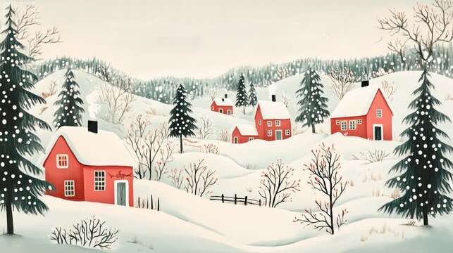 A cute lithograph of winter landscape with a white background, red houses in the snow