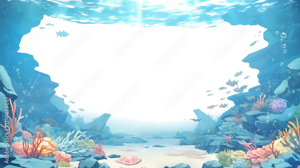Poster vibrant underwater kingdom with colorful coral reefs and rocks frames central photo area, creating l