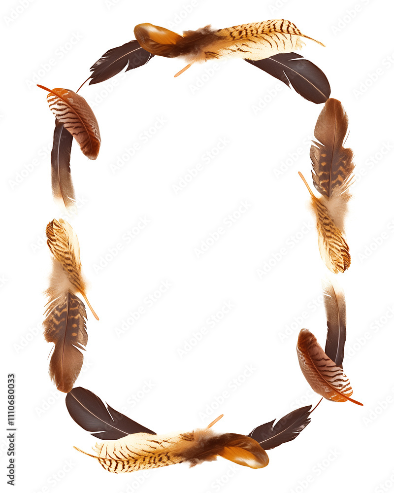 Poster decorative photo frame made of various colorful feathers, isolated on white background, creating natural and artistic border