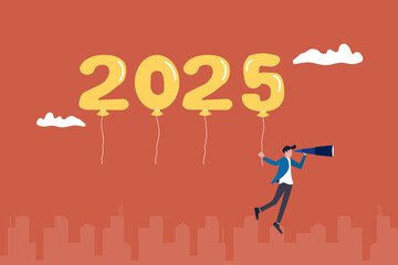 Businessman on year number 2025 look through telescope. concept of planning or strategy, vision or forecast, year begin anticipation, improvement or progress
