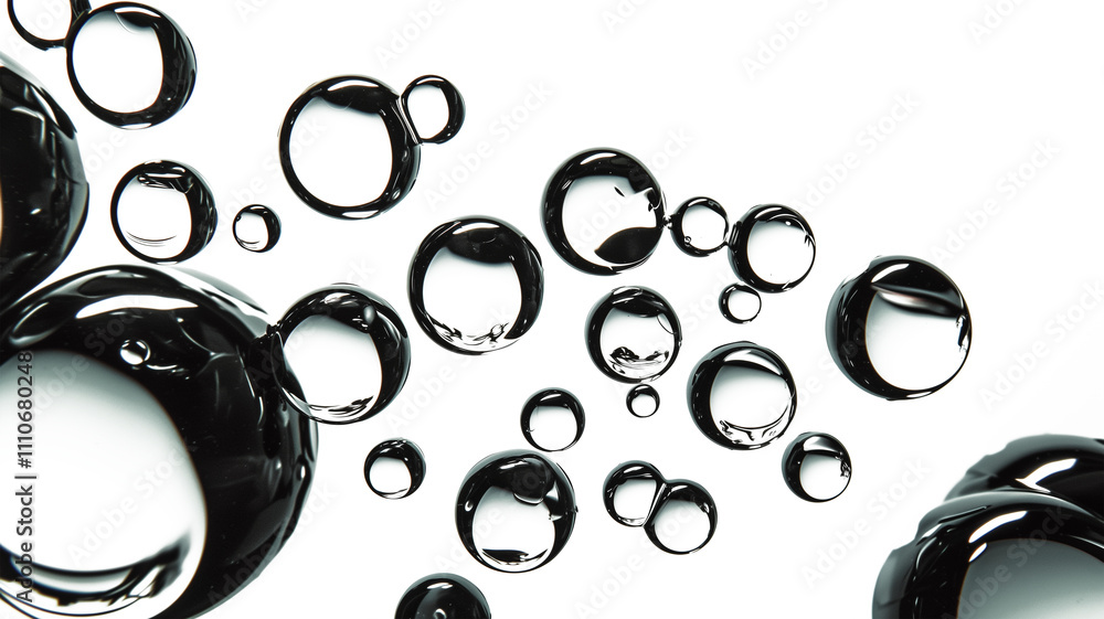 Poster Floating black bubbles on transparent background create surreal and abstract visual effect. glossy surface of each bubble reflects light, adding depth and dimension to composition