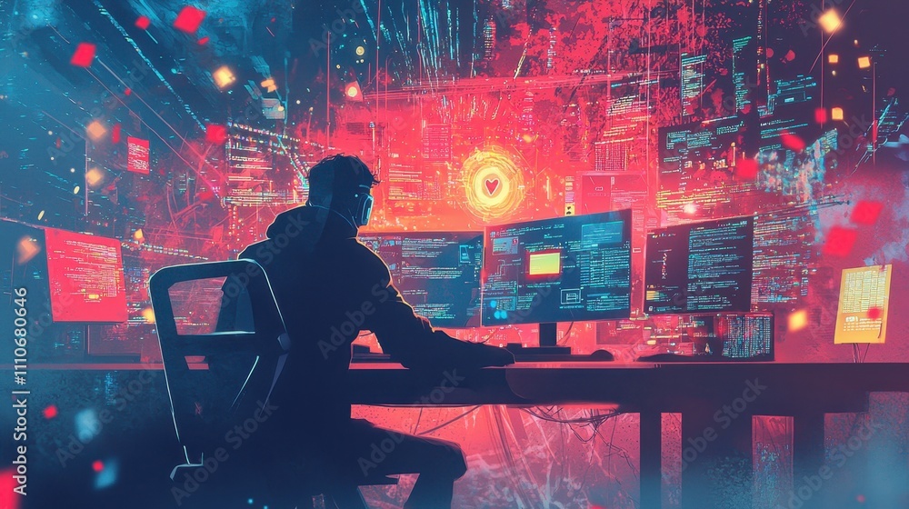 Poster conceptual art of hacker exploiting vulnerabilities in a digital environment with data visualization