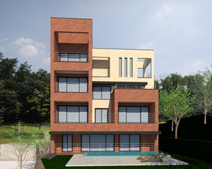 the front elevation of a modern multi-story residential building. The design combines red brickwork and beige stucco, featuring symmetrical balconies with glass railings and large windows