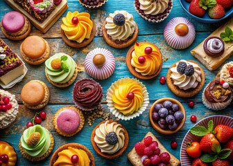 Fototapeta premium Delightful Collection of Pastries and Cakes in a Vibrant Aerial View, Featuring Tarts, Cupcakes, and More, Perfect for Baking Enthusiasts and Culinary Creatives