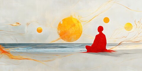 Person in a red robe gazing at the ocean under vivid orange circular forms