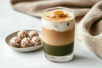 Iced Matcha and Espresso Latte in Clear Glass, Energy Balls on Rustic Plate, Boho Picnic Aesthetic, Earthy Tones, Textured Fabrics, Inviting Mood
