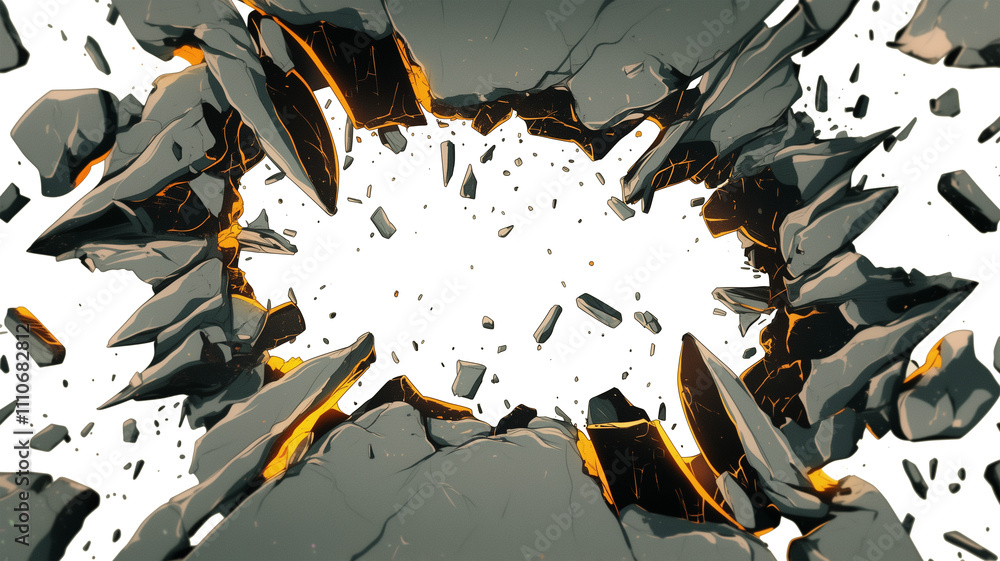 Aufkleber dynamic illustration of shattered stone wall with glowing orange cracks, creating dramatic and intense visual effect. jagged edges and debris add to sense of impact and energy