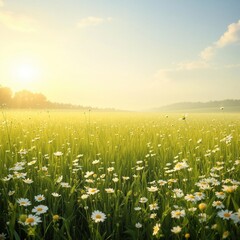 Beautiful meadow filled with chamomile and daisies, tranquil, serene