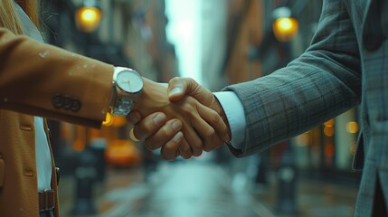 Naklejka premium Two people shaking hands in a city street, symbolizing agreement or partnership.