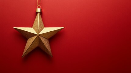 Gold star ornament hangs against a red background. Festive holiday decoration.