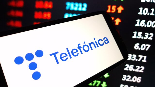 Konskie, Poland - November 30, 2024: Telefonica company logo displayed on mobile phone