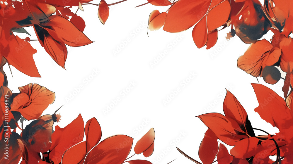 Poster vibrant red floral frame with lush leaves and blossoms, creating elegant border on white background.