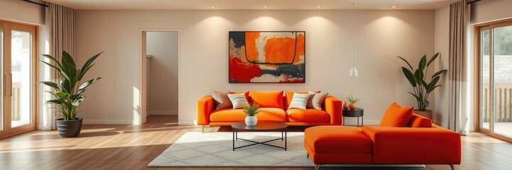 Minimalist, japandi home interior design of living room. Bold and cheerful design with orange and red sofa with modern abstract artwork. The space is accented with sleek rug and large indoor plant,