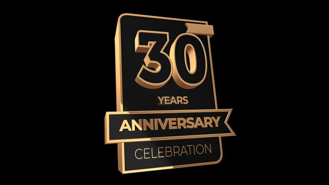 30 years, 30th anniversary logo, loop, looped video in 3D Gold with Alpha channel,  isolated transparent background