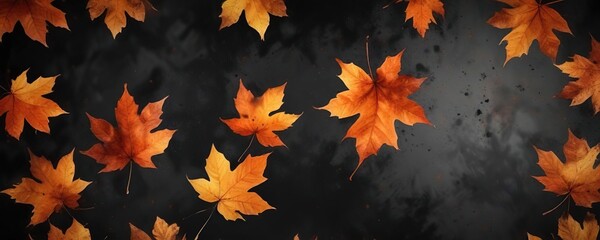 Black and orange abstract autumn leaves with watercolour effects on a dark background, halloween, leaf patterns