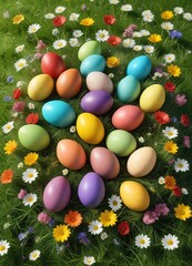 Obraz premium Colorful Easter eggs arranged on grass with flowers, decoration, painted, background