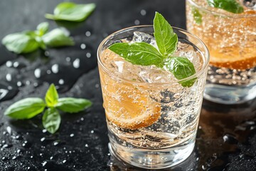 Refreshing Herbal Cocktail on Dark Table