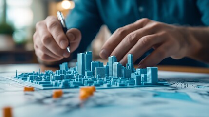 Naklejka premium Close-up of hands crafting a miniature city model, illustrating urban planning and architectural design process.