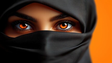Naklejka premium Mysterious Woman in Black Hijab with Vibrant Orange Eyes Close-up