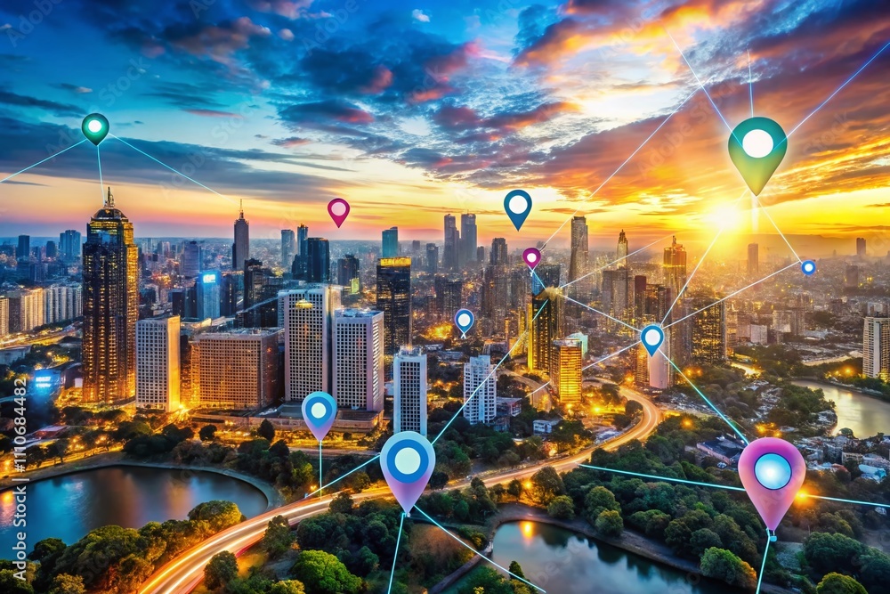 Poster double exposure photography concept featuring gps tracking and location markers with digital mapping