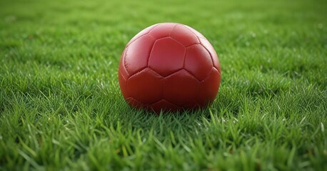 Close-up of red soccer ball on green grass field, sports, athletic, stadium