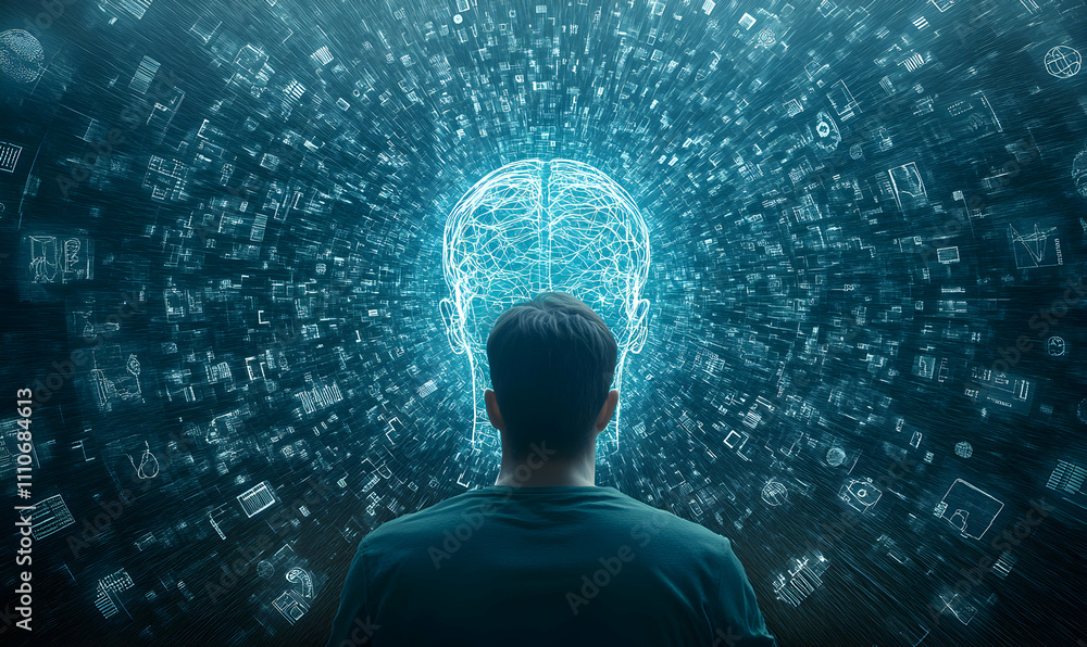 Poster man contemplates a swirling vortex of data and information, visualizing a futuristic brain; concept 