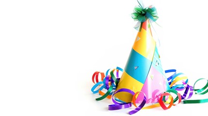 Obraz premium Party Hat Isolated on White Background - A Festive and Colorful Decoration Element. The Bright and Cheerful Party Hat Standing Alone on the Pure White Background, with Its Fun Shape and Vibrant Colors