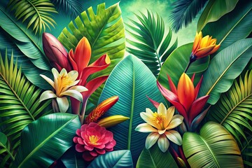 Double Exposure Save the Date Template Featuring Realistic Tropical Leaves and Banana Palm Flowers for Greeting Cards and Online Store Promotions