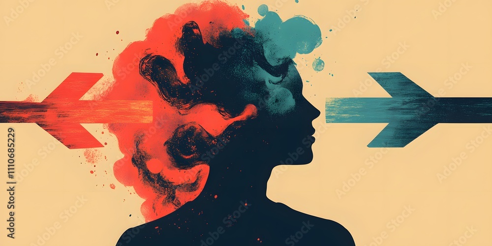 Poster silhouette of a person with creative colorful splashes and arrow blending into abstract art design