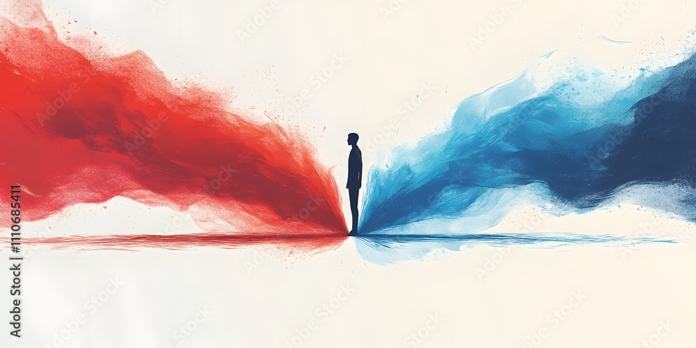 Poster standing figure at the center of dynamic red and blue swirls merging in abstract conceptual art