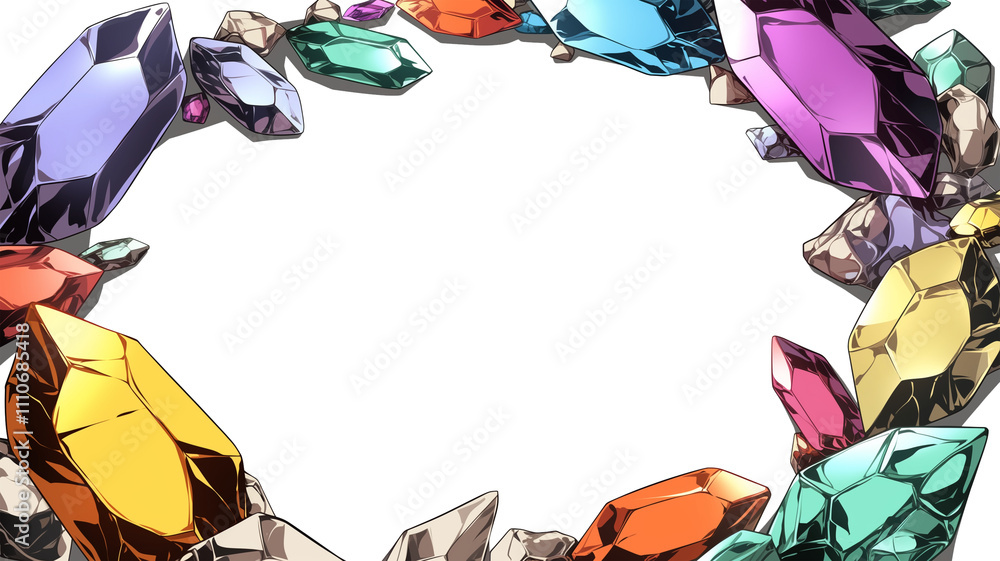 Poster Colorful gemstones form circular frame on white background, creating magical and vibrant display. jewels include various shapes and colors, adding sense of enchantment and elegance