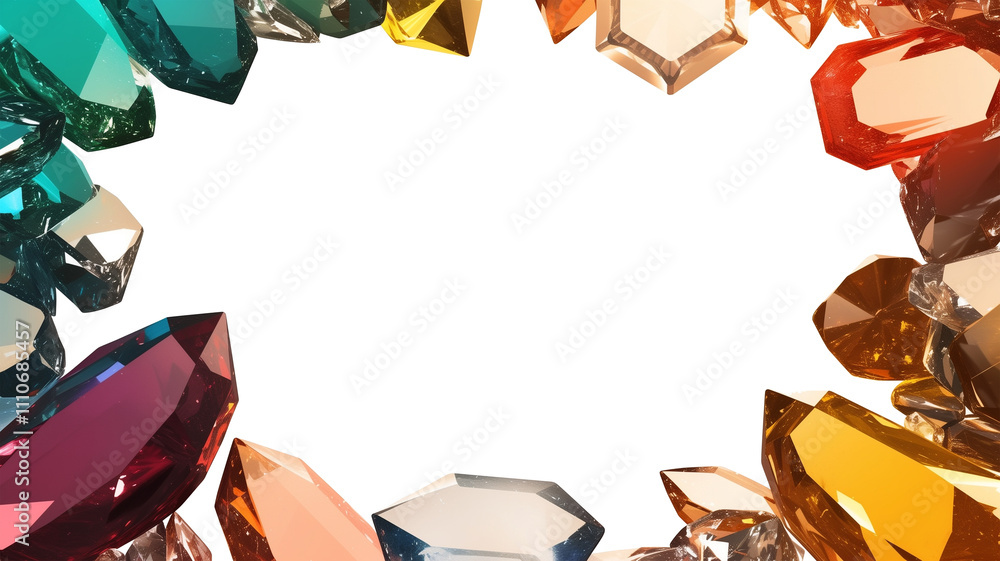 Poster colorful gemstones frame central black space, creating vibrant and magical border. gems vary in shap